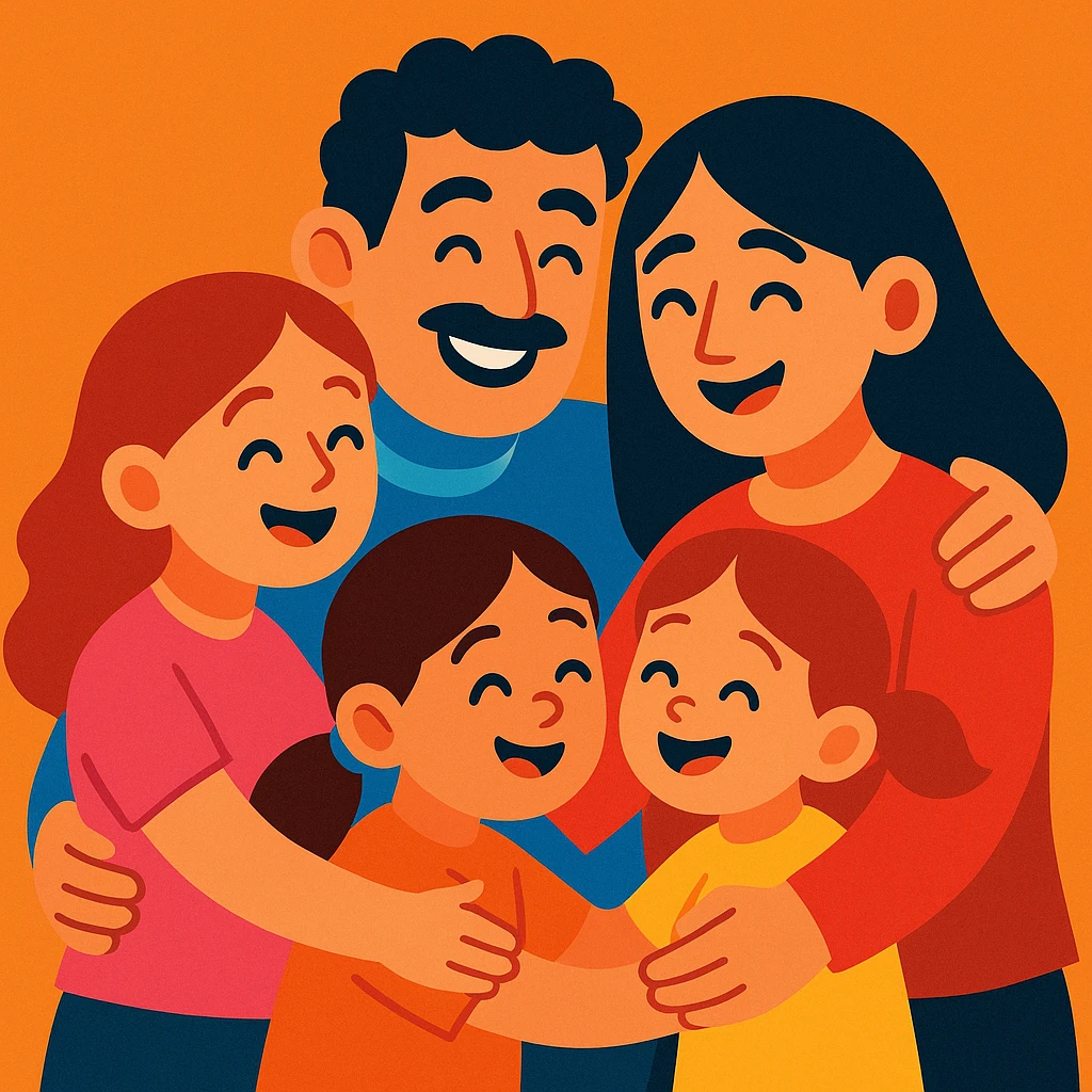 a colorful cartoon style family with dad, mom, and three daughters, all hugging emoji