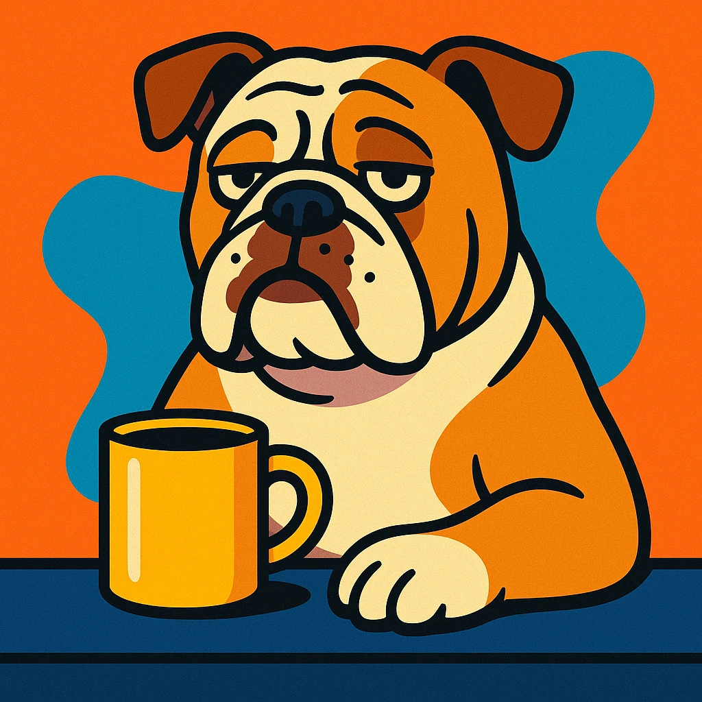 English Bulldog with a coffee mug, looking relaxed and waiting, vibrant cartoon style emoji