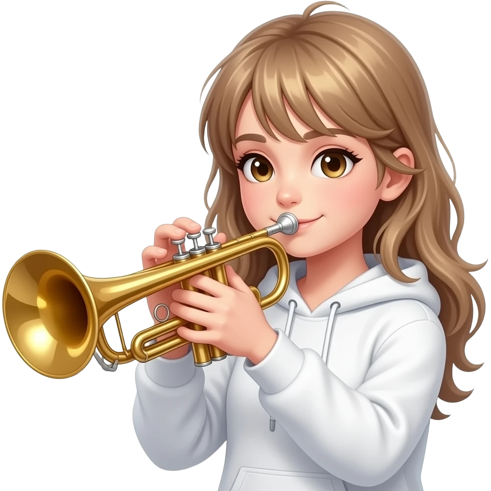 white girl with blonde hair messy straight  dirty blonde almost brownhair playing trumpet with a white hoodie on emoji