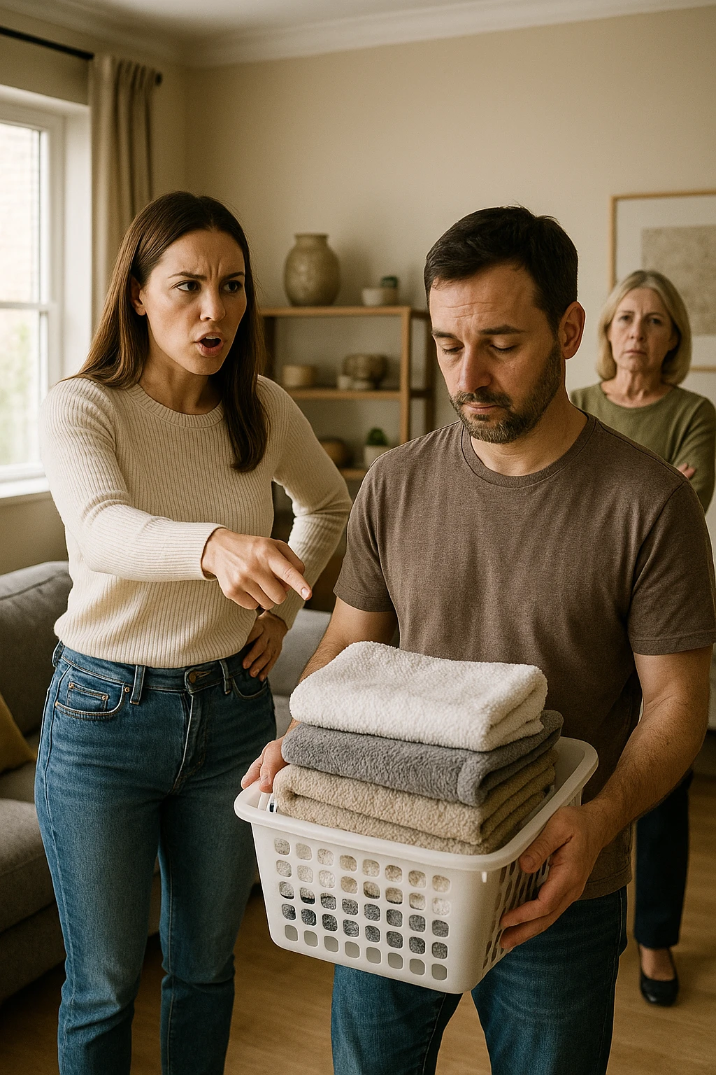 a woman stands assertively in the center of a living room, giving clear instructions to her partner. The man, with a submissive and resigned expression, follows her directions, perhaps holding household items or performing a chore. Behind them, an older woman (the mother-in-law) stands with crossed arms and a disapproving look, watching the scene unfold. The lighting is natural, and the atmosphere is tense but realistic. emoji