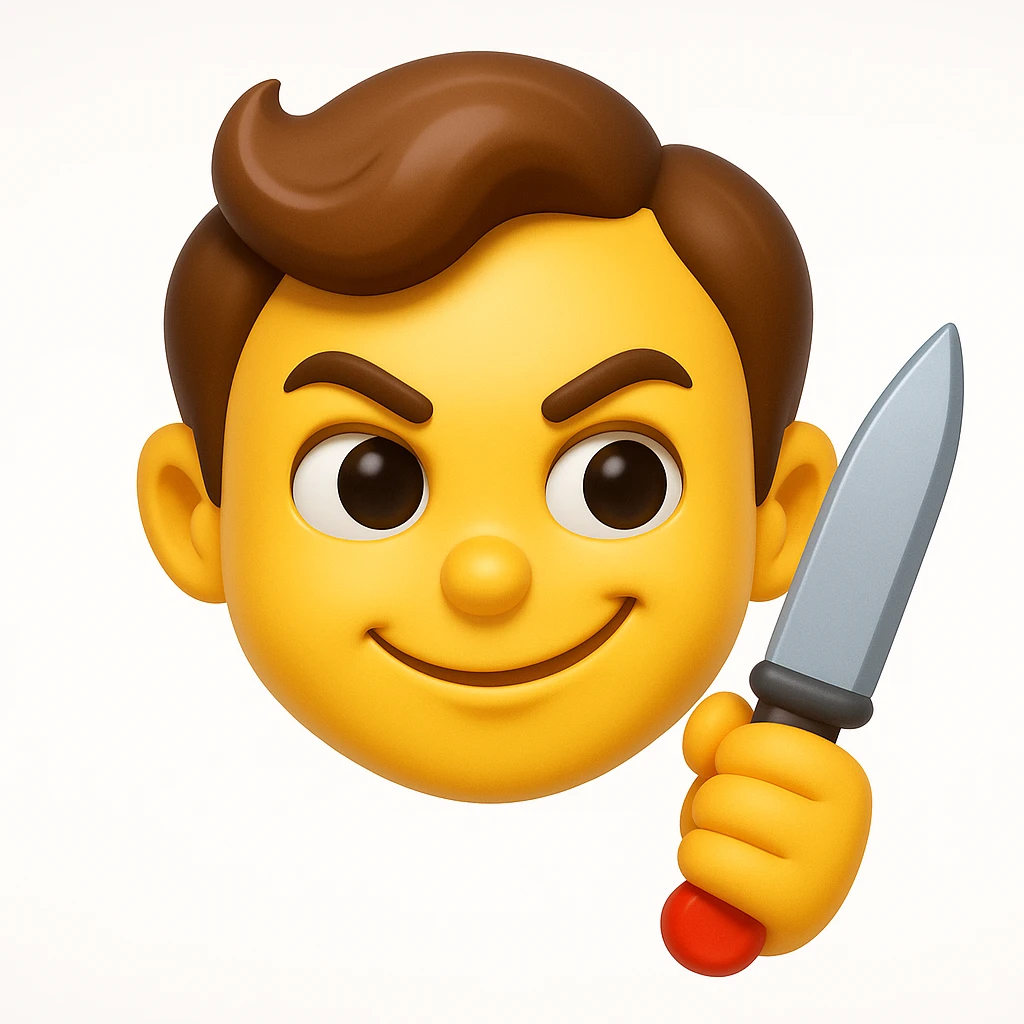 A 3D emoji in iOS emoji aesthetic style of a mischievous character holding a toy knife, with a playful smirk and cartoonish expression, not scary, bright colors, glossy surface, soft lighting, clean white background.
 emoji
