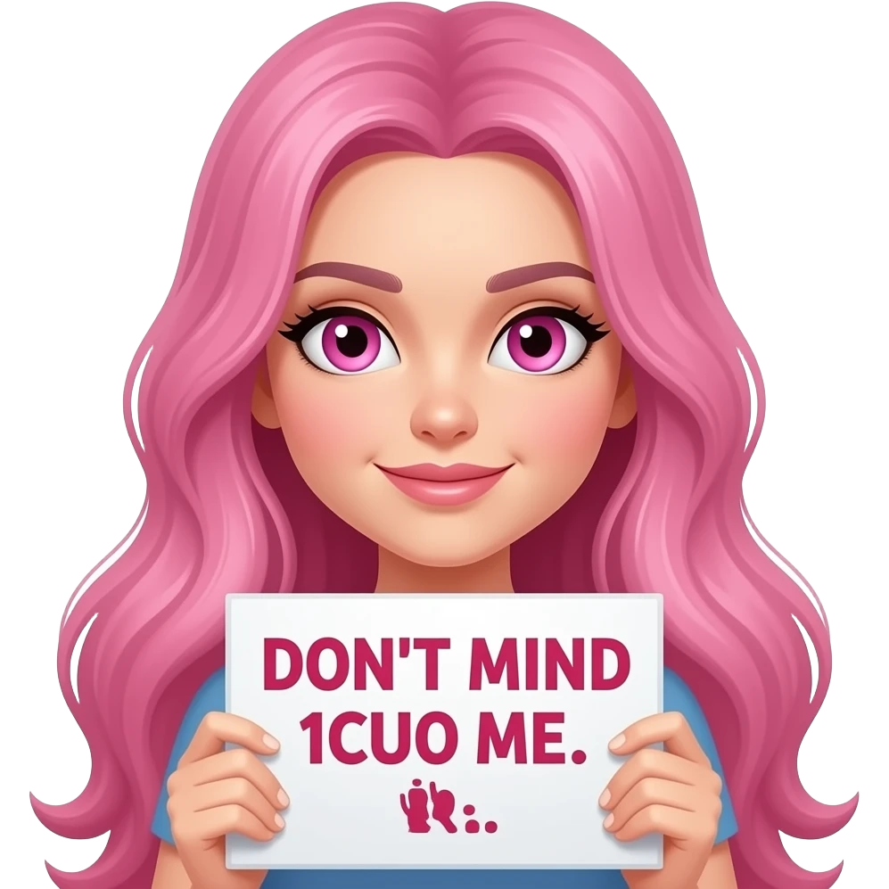 sexy girl with long pink hair and pink eyes wearing a holding a DON'T MIND ME... sign emoji