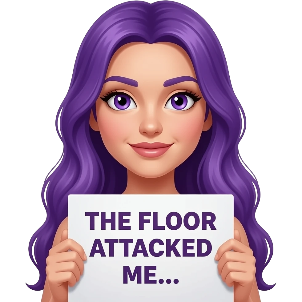 sexy girl with long purple hair and purple eyes holding a THE FLOOR ATTACKED ME... sign emoji