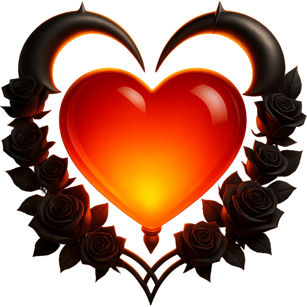 Add a glowing effect to the red glass heart, keep the silver crescent moon and tiny black roses, mysterious and rich, in a 3D emoji-inspired style. Remove the background. emoji