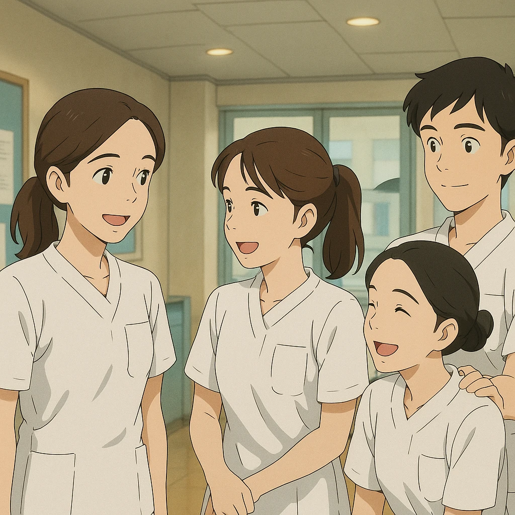 Quatre étudiants infirmiers, style Ghibli, inspirés des visages des photos, en interaction dans un environnement intérieur. Uniformes blancs, tuniques médicales col en V, poche poitrine à gauche, manches courtes, avant-bras nus, cheveux longs attachés, sans stéthoscopes ni pied de col. Ambiance d'équipe et de collaboration. emoji