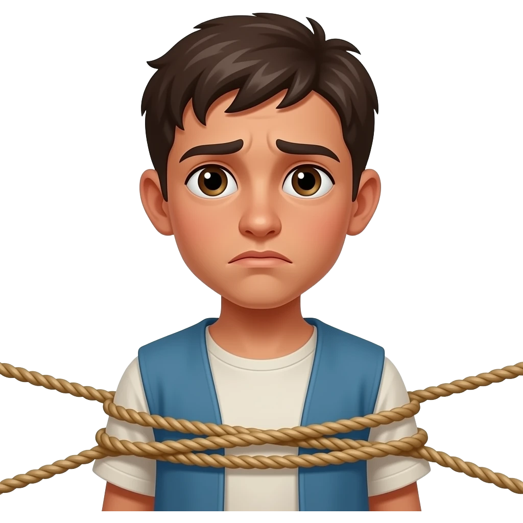 an ancient hebrew teenage boy fastened with ropes having doubtful facial expressions emoji