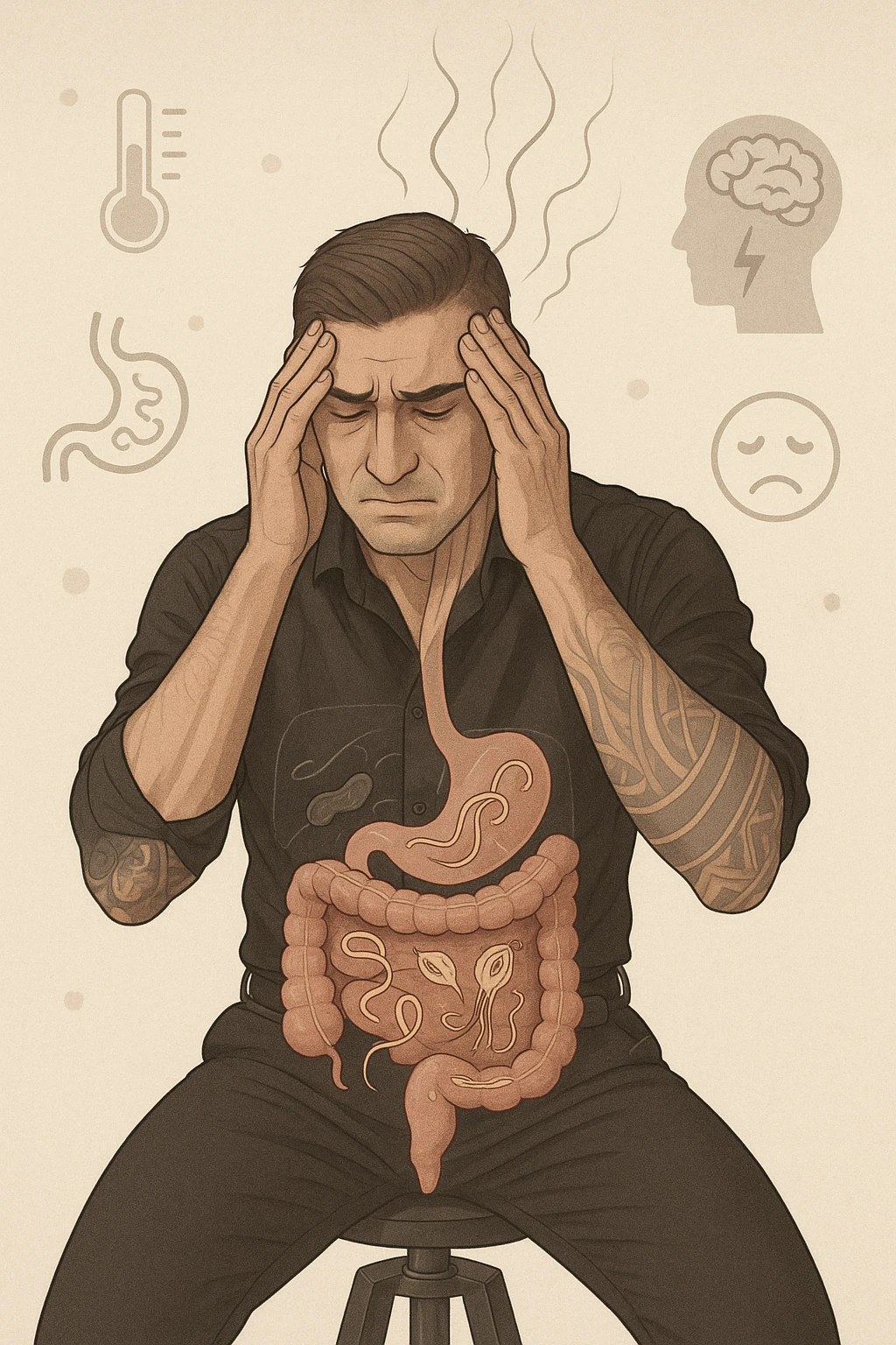 a person sits with a troubled expression, holding their head in their hands. A transparent overlay on their body reveals stylized images of parasites in the digestive tract, while faint, shadowy tendrils extend upward toward the brain, symbolizing the psychological impact. The background is clinical and educational, with subtle icons representing both physical and mental symptoms. emoji