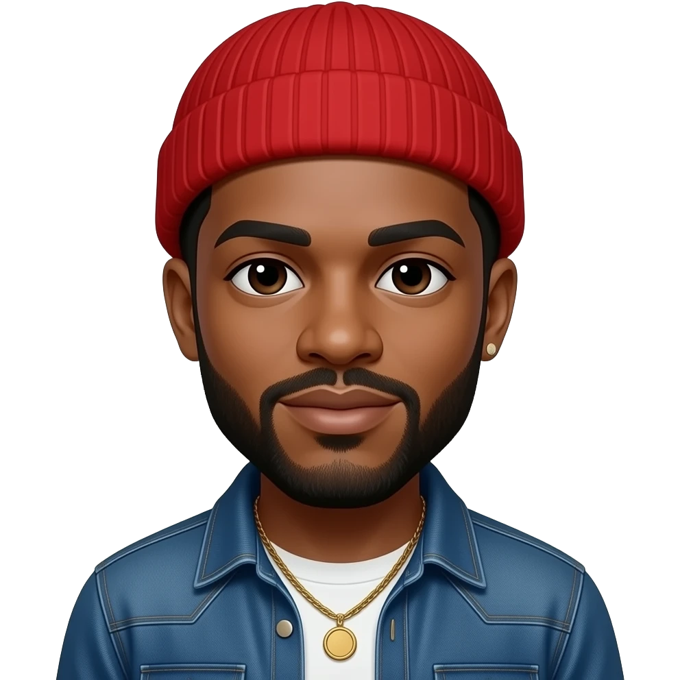 Marvin Gaye with dark brown eyes, black hair, red beanie, denim shirt, necklace and one earrings emoji