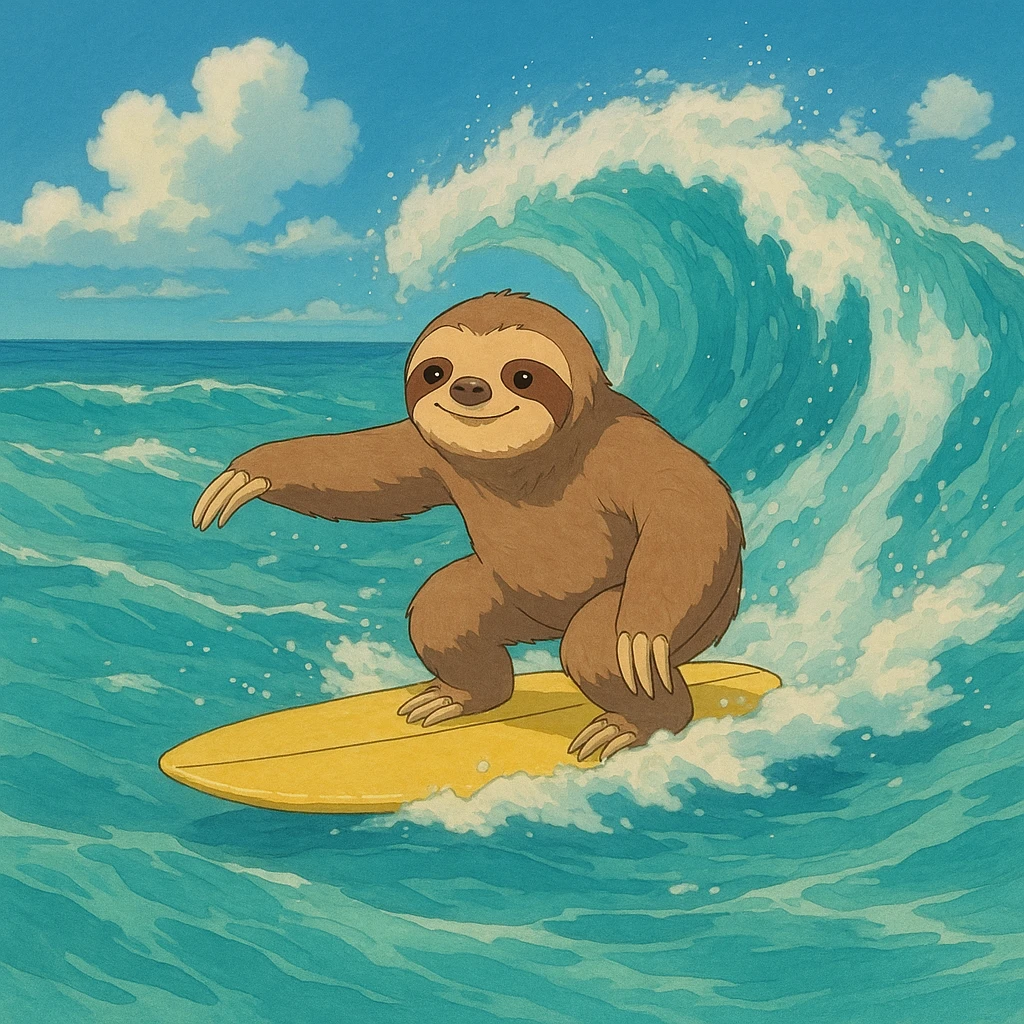 a sloth surfing, ghibli style emoji