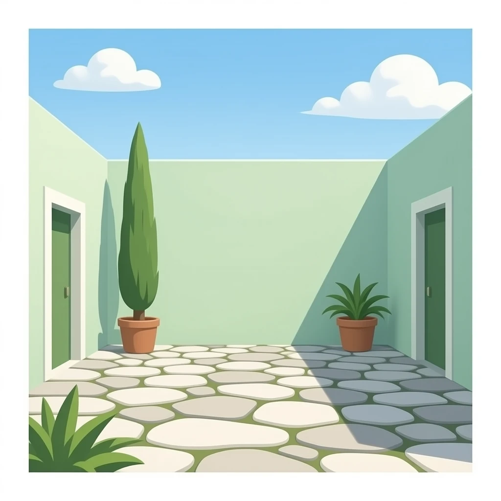 a stone courtyard with pale green walls all around and no plants emoji