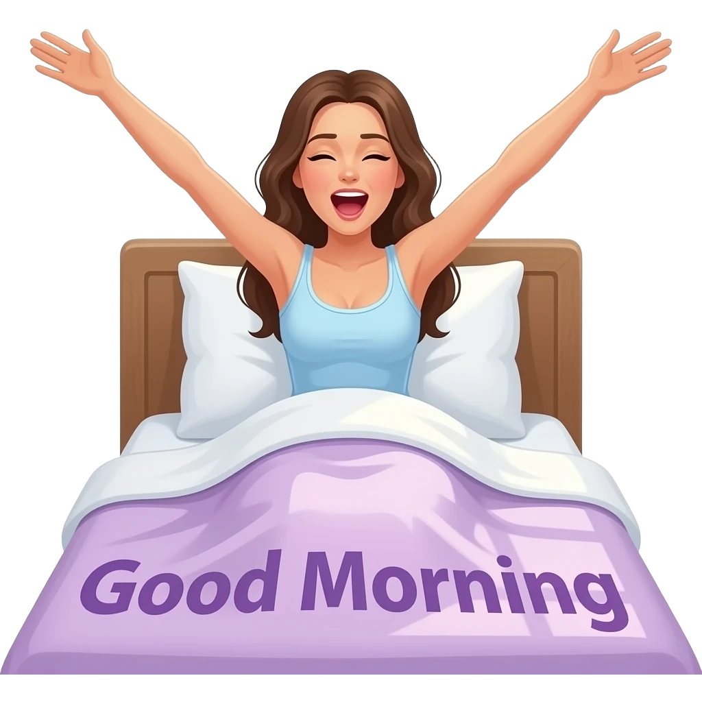 a naked woman waking up in bed with arms fully stretched and yawning with the words "Good Morning" in purple printed across emoji