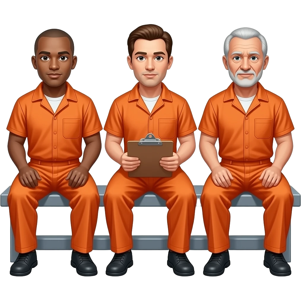 three guys in prison (orange)-sitting down ages 35, 50, 65; Clean Shaven (NO Beard). youngest in middle with clipboard emoji