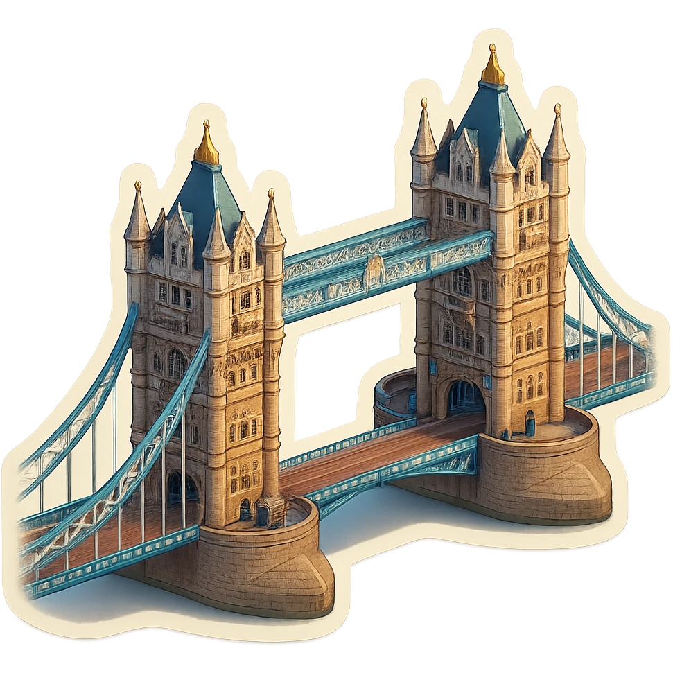 Isometric illustration of photorealistic Tower Bridge in London, detailed towers and suspension sections, subtle brick and metal textures, miniature style with soft shadows, transparent background. emoji