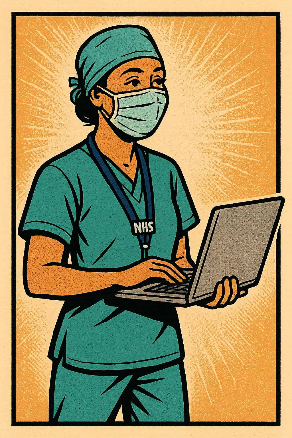 The full body of a modern day surgeon.  The surgeon is female and has an NHS lanyard around her neck.  She is smiling and facing the right. She is also holding a laptop emoji