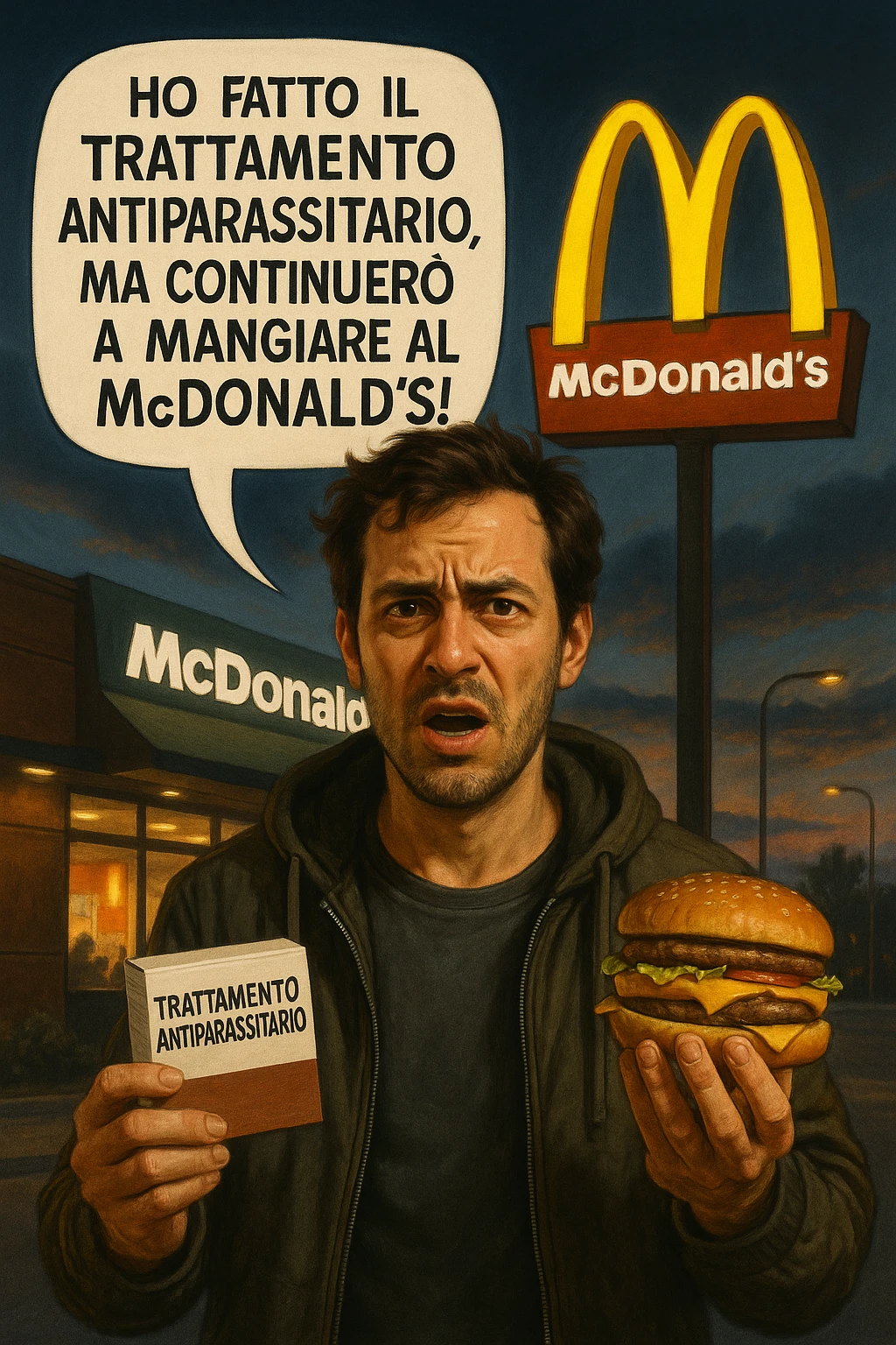 A realistic, cinematic illustration of a man in his early 30s with a confused yet stubborn expression, standing outside a McDonald's at dusk, holding a small box labeled 'Trattamento Antiparassitario' in one hand while holding a large McDonald's burger in the other. He is mid-sentence, saying 'Ho fatto il trattamento antiparassitario, ma continuerò a mangiare al McDonald!' in an expressive speech bubble. The man wears casual streetwear, and behind him, the McDonald's golden arches glow under a neon-lit sky. The mood is ironic and educational, highlighting the contradiction of doing parasite cleanses while continuing unhealthy fast-food habits. The style is realistic with slight illustrative clarity, emphasizing the message humorously while maintaining a serious undertone about lifestyle choices and health in italiano emoji