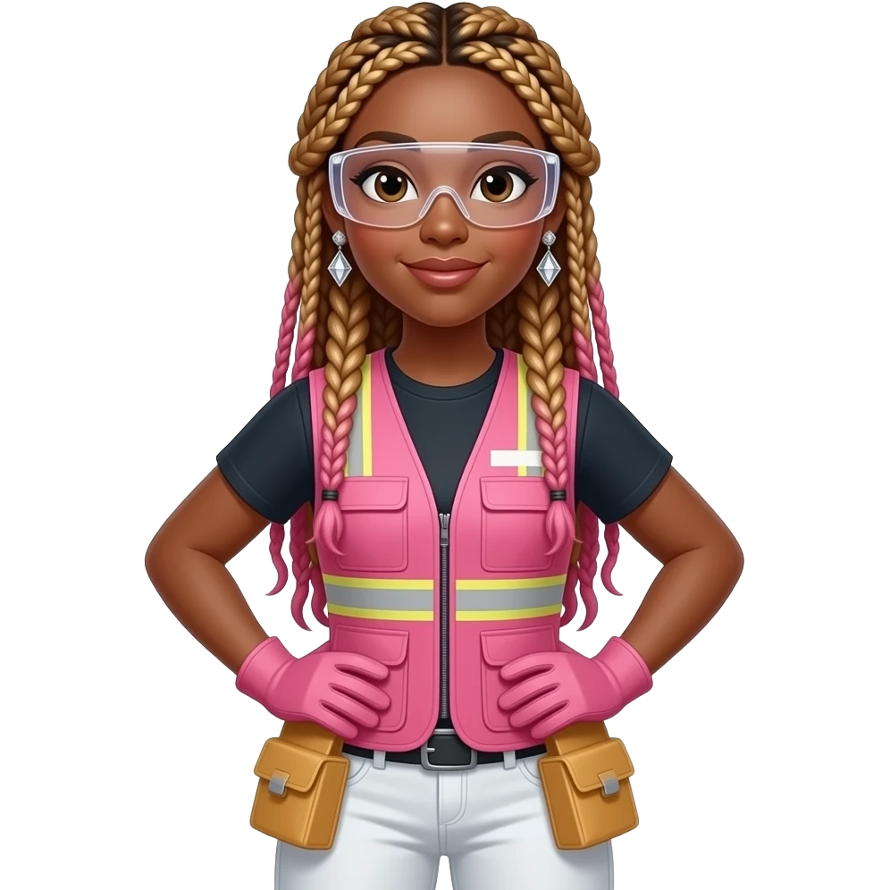 African American woman with brown eyes with long pink and gold box braids wearing diamond earrings wearing pink and clear safety glasses wearing a pink construction vest wearing white pans wearing pink construction gloves emoji