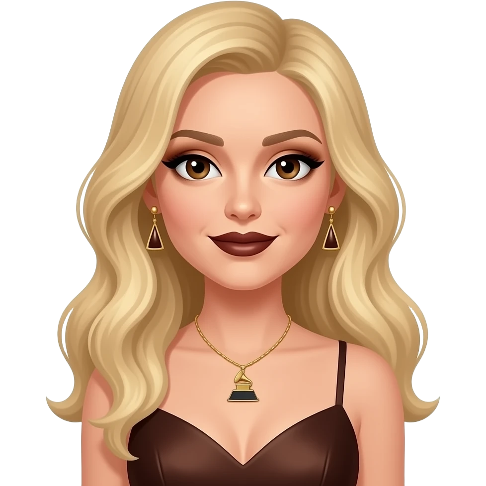 Victoria Monét with dark brown eyes, long blonde hair, brown eyeshadow, dark brown lipstick, dark brown grammy dress, necklace and earrings emoji