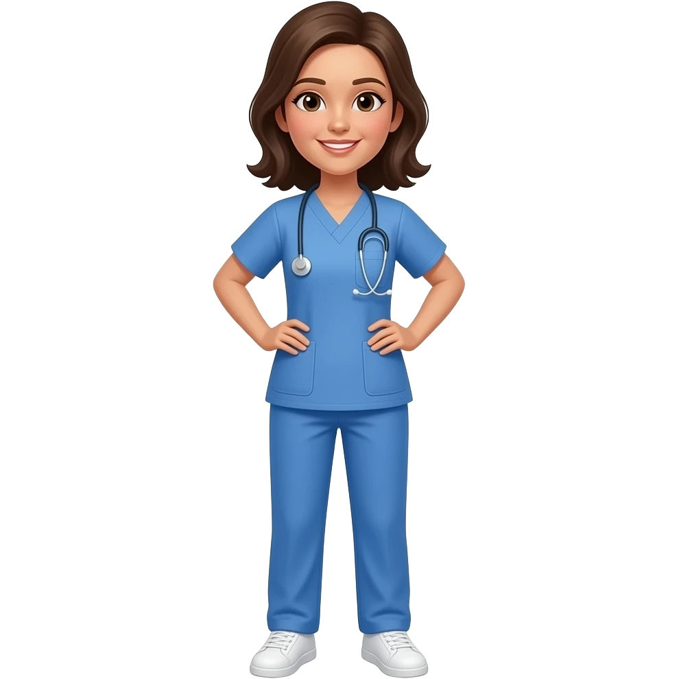 full body nurse in blue scrubs smiling with her hands on her hips. Her is hair brown and she has light brown skin. Shoe has white shoes on. She has no hat on and no stethoscope around her neck emoji
