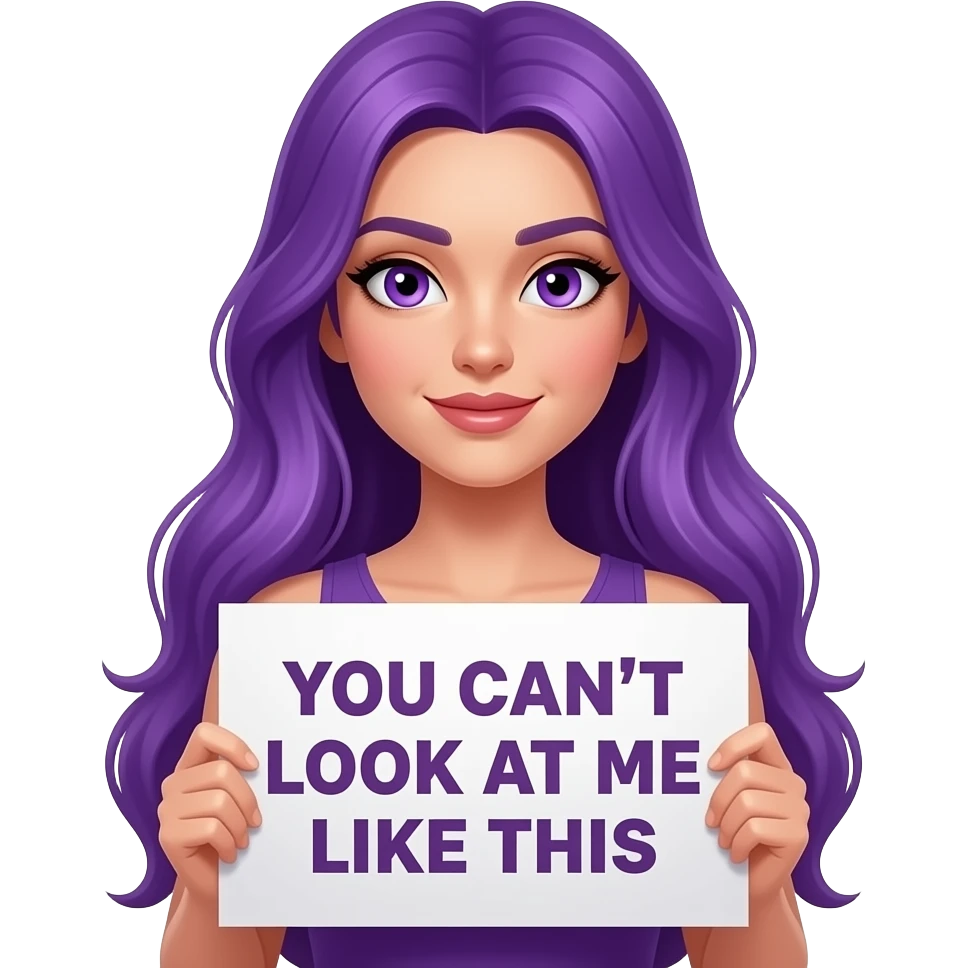 sexy girl with long purple hair and purple eyes holding a YOU CAN'T LOOK at me like this sign emoji