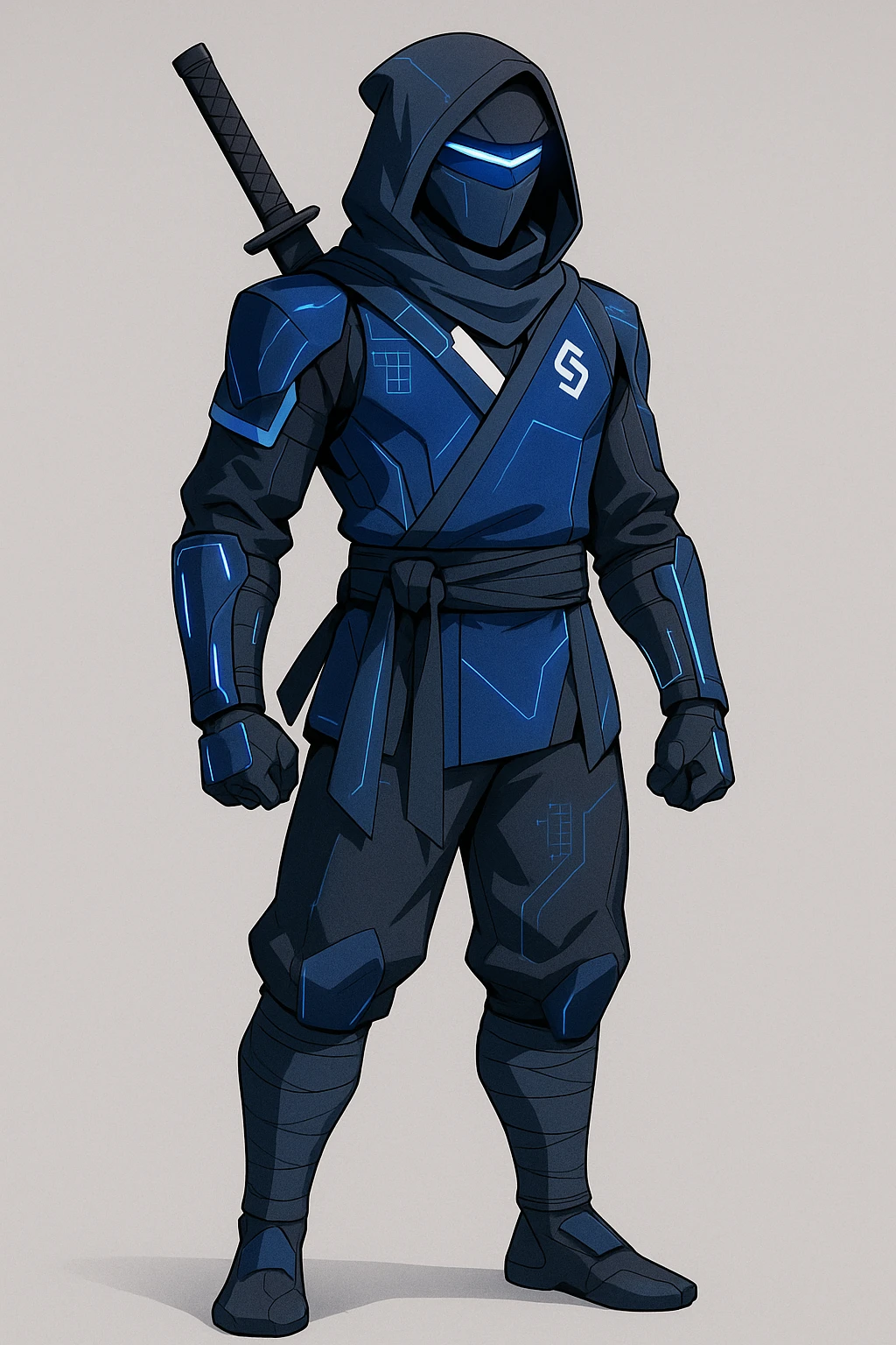 A sleek, modern ninja character inspired by DeepSeek, featuring subtle tech elements and referencing DeepSeek's branding and color palette, in a clean and detailed style. emoji