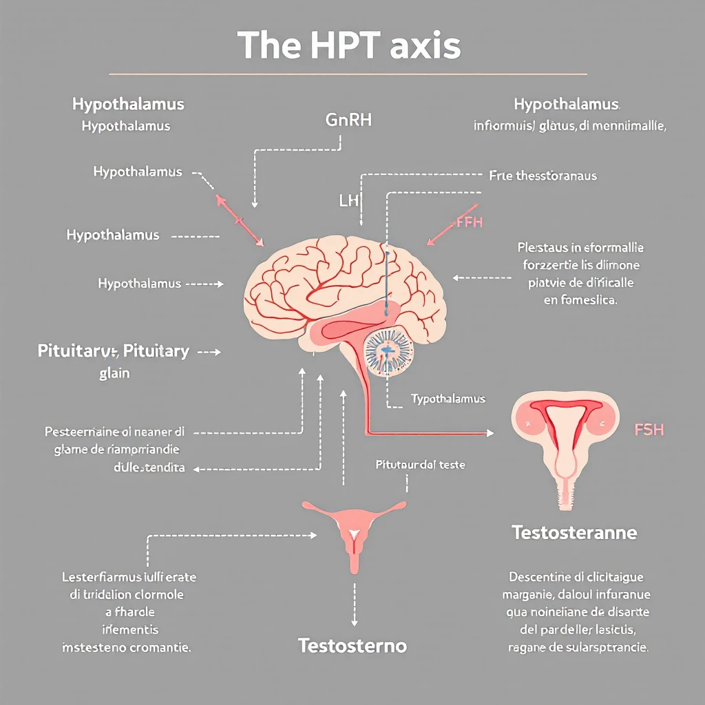 clear and realistic infographic of the HPT axis (hypothalamus-pituitary-testes): showing hypothalamus, pituitary gland, and testes connected by arrows, including hormone names (GnRH, LH, FSH, testosterone), simple diagram, distinct colors for each part, scritte in italiano emoji