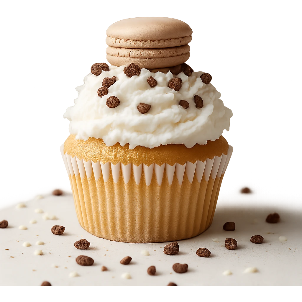 Change the icing to coconut (white, with a slightly textured or shredded coconut appearance), keep the realistic cupcake and accessories, photorealistic style, transparent background. emoji