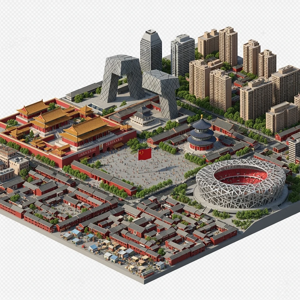 Isometric miniature of Beijing Forbidden City, Tiananmen Square, CCTV Headquarters, Temple of Heaven, Bird’s Nest Stadium and crowded hutong alleys, sprawling apartment blocks, 3D miniature effect and Tilt Shift effect, no cartoonish look, transparent background. emoji