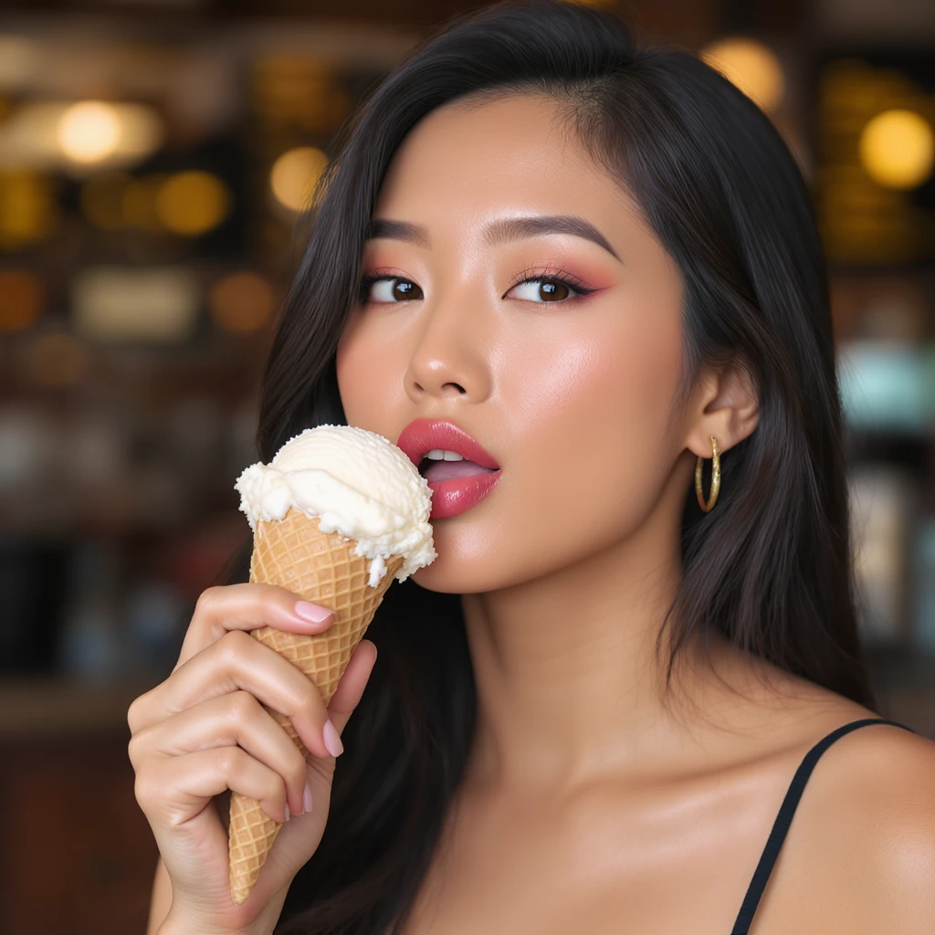 a realistic woman licking an ice cream cone, photorealistic style emoji
