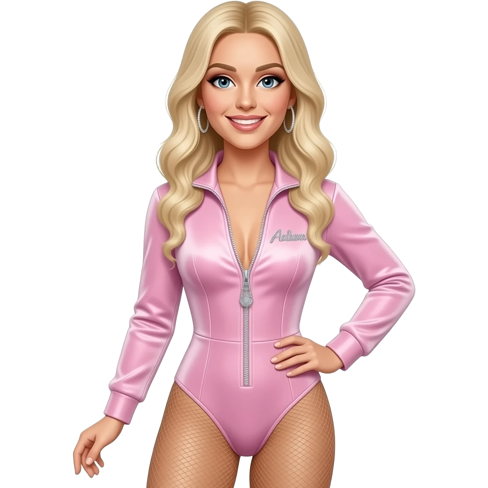 Sabrina carpenter blonde hair performing in a light pink velvet bodysuit that has Sabrina written on it in sparkly rhinestones and it has a zipper emoji