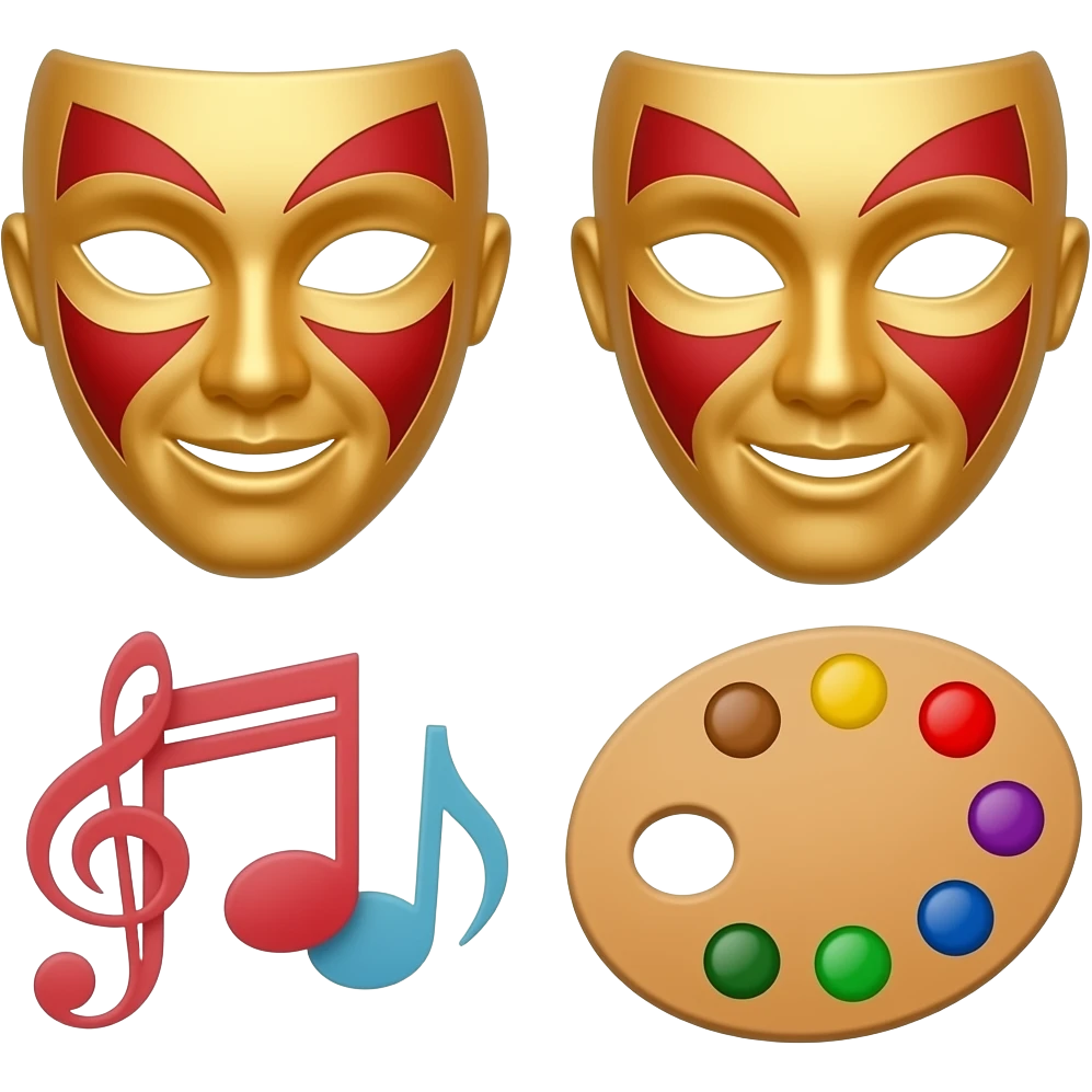 "Detailed emoji: theater masks, paint palette, and music notes, intricate vector design, professional gradients, gold accents, transparent background." emoji