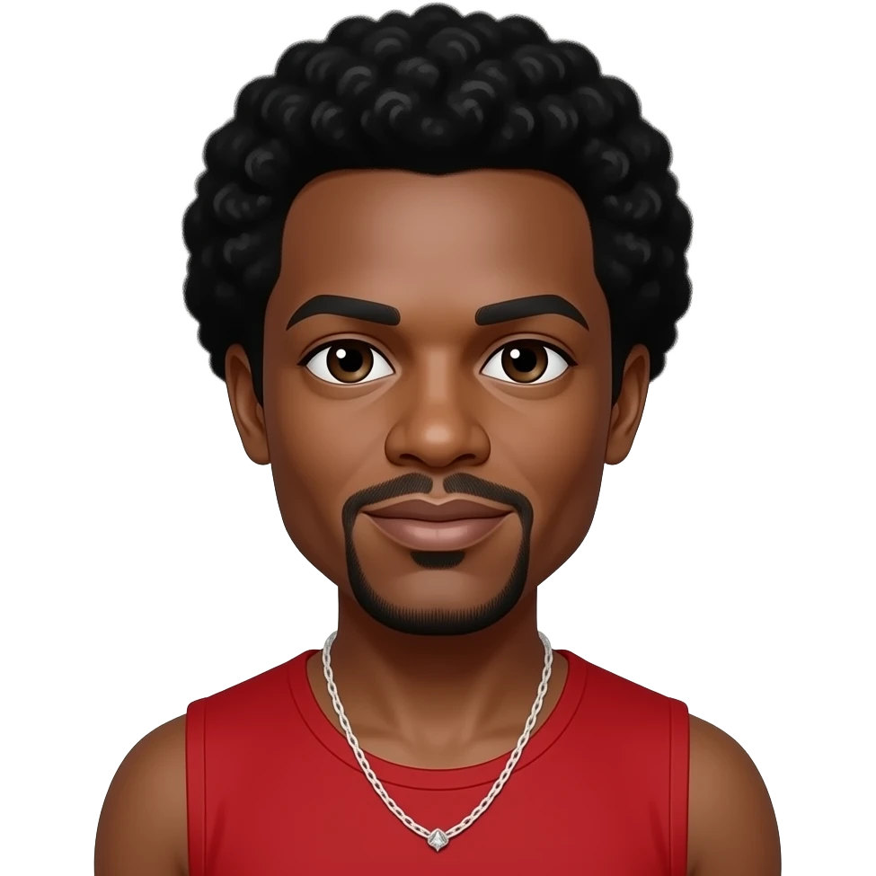 Maurice White from Earth,Wind and Fire with dark brown eyes, black afro, red sleeveless shirt, white necklace emoji