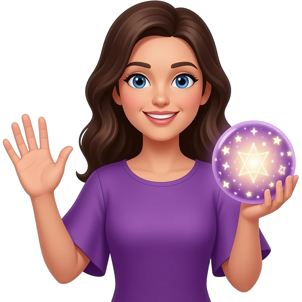 Женщина машет привет с волшембнвм шаром в руке, в фиолетовой одежде emoji