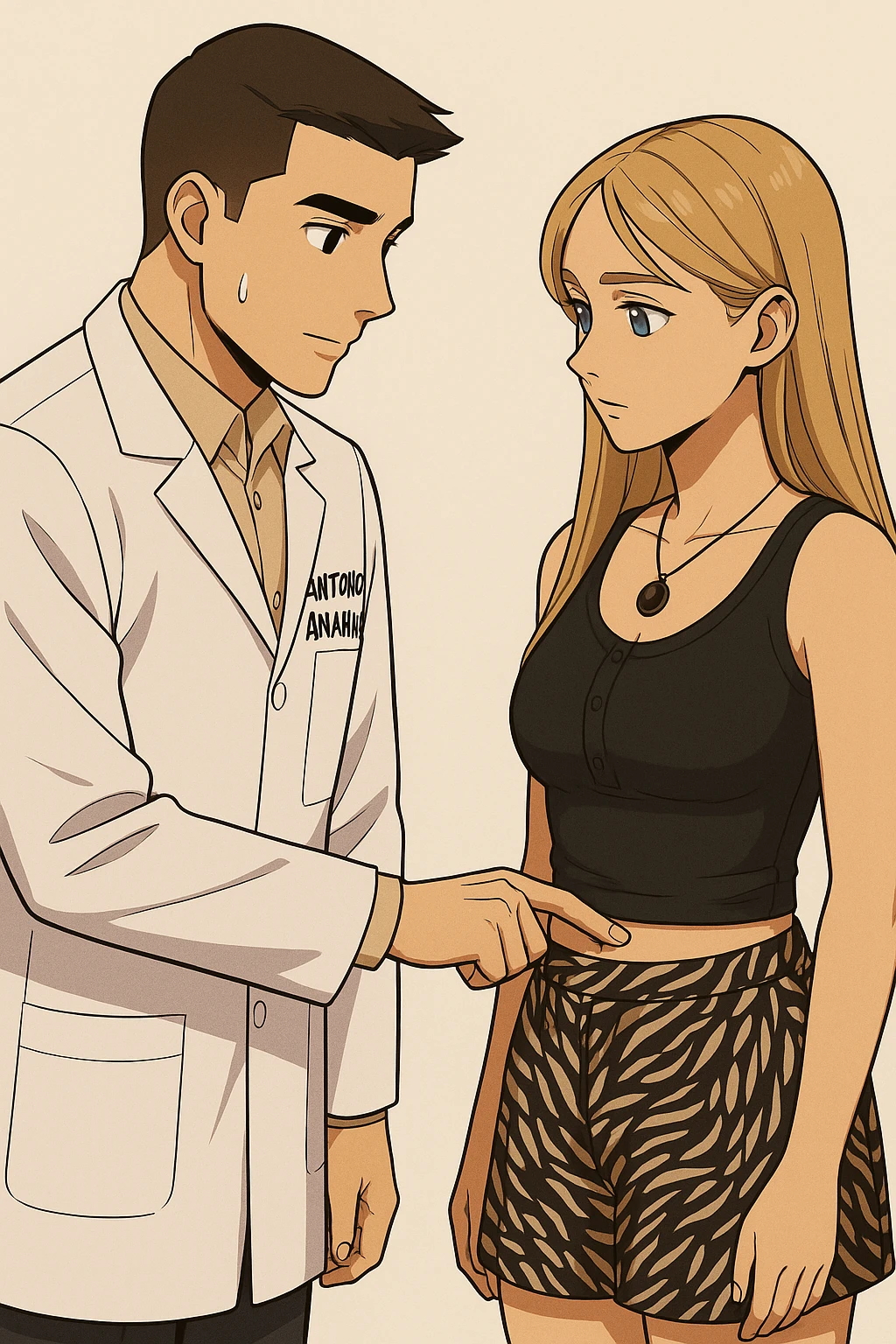 fai un webtoon/manga a colori con questo kinesiologo in camice bianco (fagli la scritta "ANTONIO ANANIA" SUL CAMICE) CHE PARLA CON QUESTA RAGAZZA CON GLI OCCHI AZZURRI. IL KINESIOLOGO CON IL CAMICE BIANCO LE TOCCA LA PANCIA CON UN DITO DOVE C'è L'INTESTINO. NON FARE I FUMETTI, FAI SOLO LORO COME SE DIALOGASSERO emoji