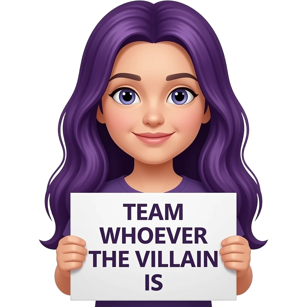 girl with long purple hair holding a TEAM WHOEVER the VILLAIN is sign emoji