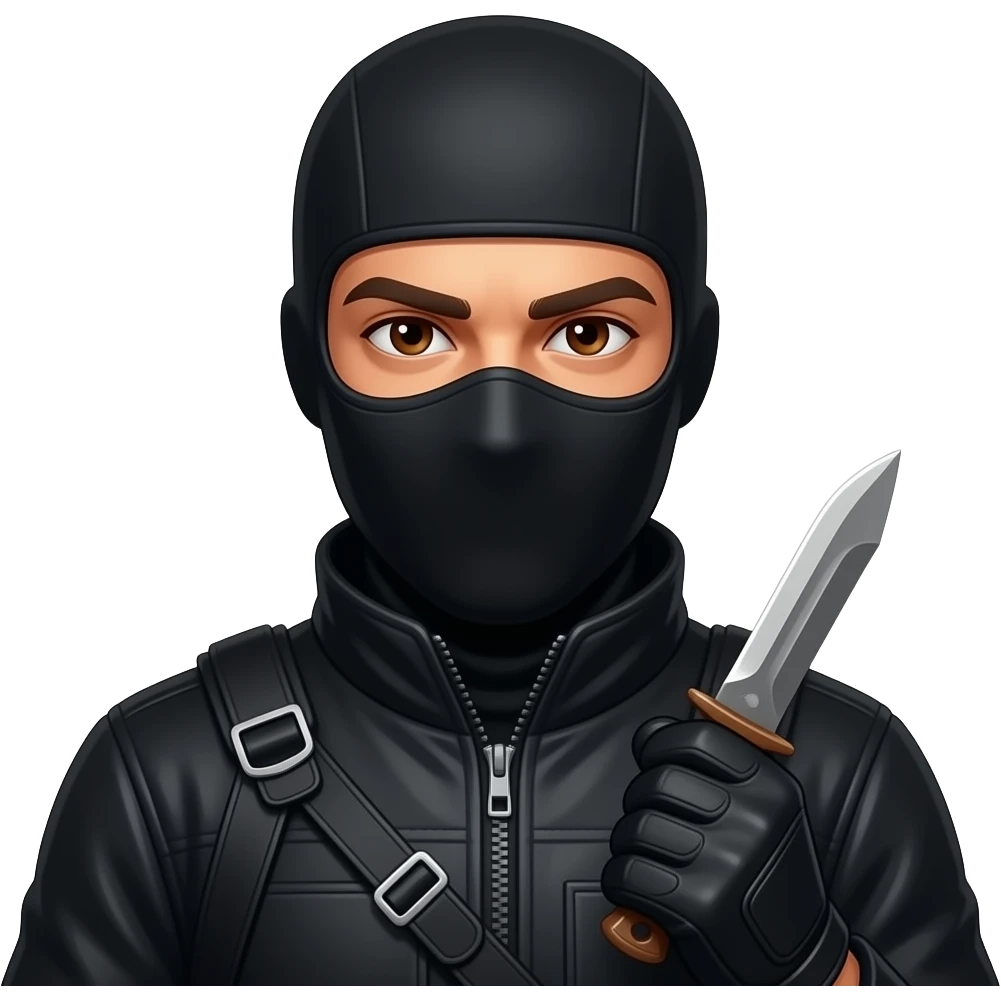 Spanish Man brown eyes wearing all black in balaclava hood and gloves with karambit emoji