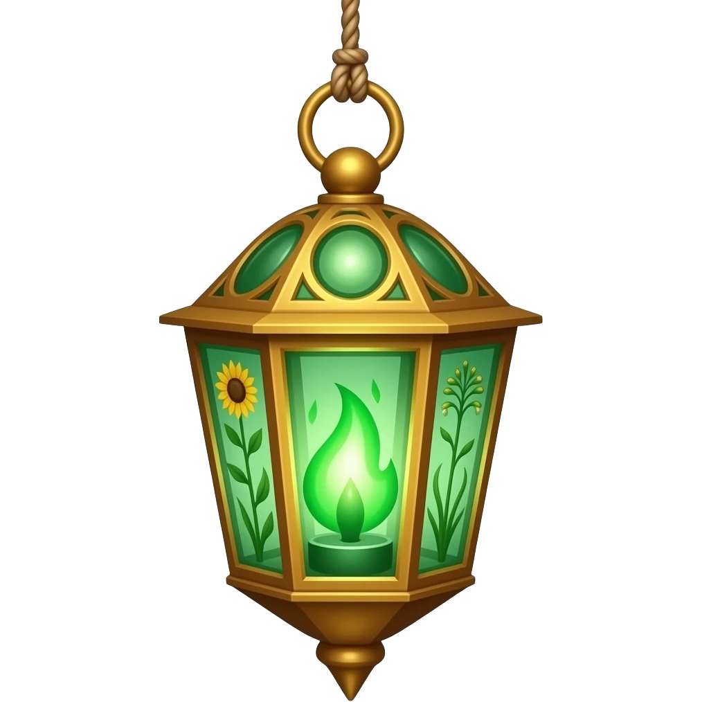 A golden hanging lantern with a bright emerald flames, an empty loop on top, sunflower & asphodel themed, but simple focus more on the green flames, paint the glass more green, have its bottom point come to some sort of point emoji