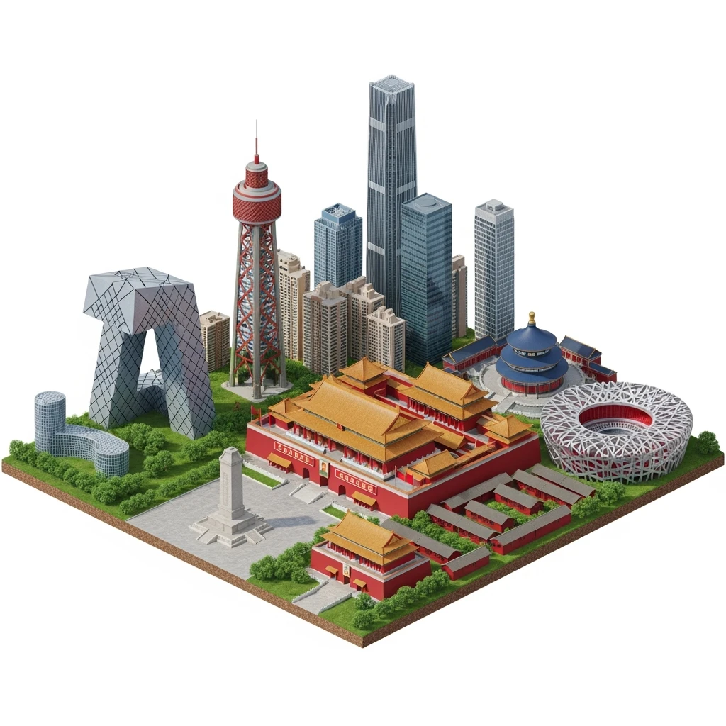 Isometric miniature of Beijing Forbidden City, Tiananmen Square, CCTV Headquarters, Temple of Heaven, China Zun skyscraper, Bird’s Nest Stadium, Beijing apartment blocks, 3D miniature effect and Tilt Shift effect, no cartoonish look, transparent background, don't cut angles emoji