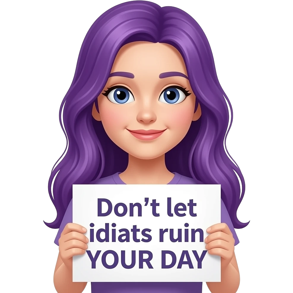 girl with long purple hair holding a Don't let idiots ruin YOUR DAY sign emoji