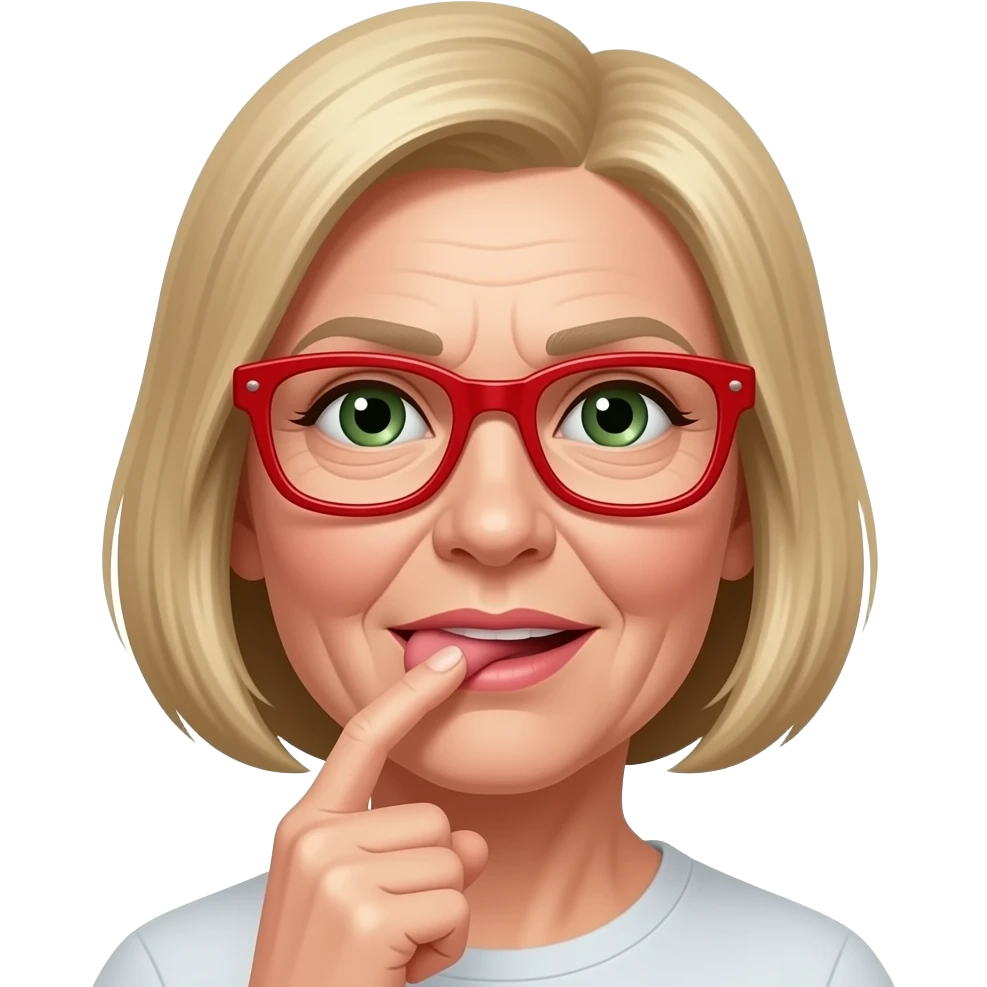 Ssanie palca przez starszą  kobietę i szczuplejszej  twarzy  językiem włosy blond zielone oczy i okulary w kolorze czerwonym, opryszczka na dolnej wardze emoji