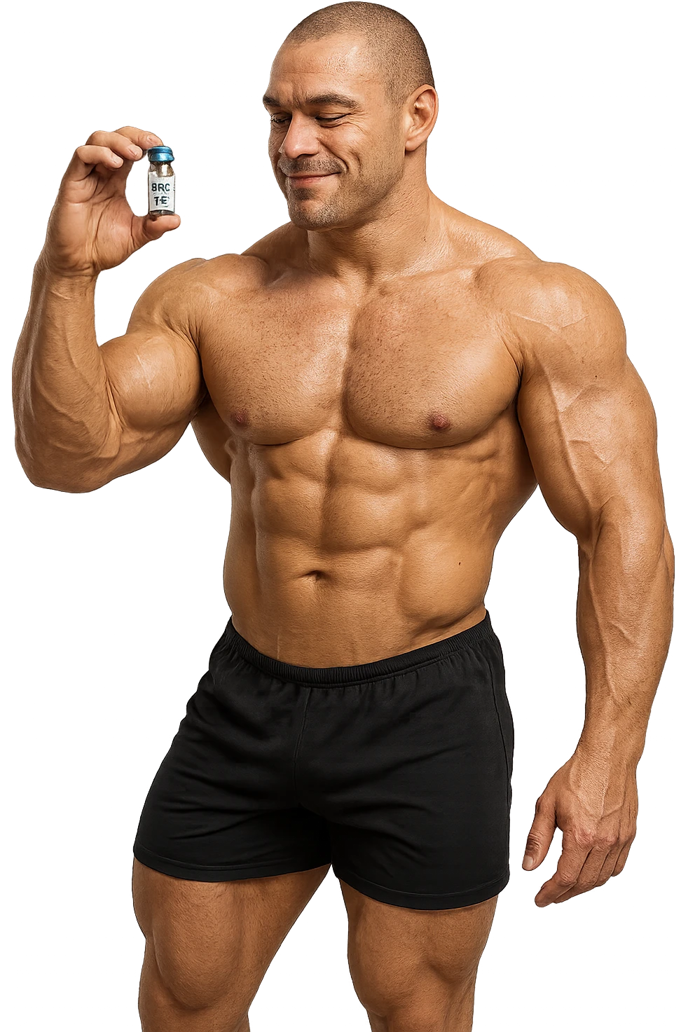 BODYBUILDER A FIGURA INTERA CHE TIENE IN MANO UNA FIALA MEDICA CON la scritta "BPC 157" SULL'ETICHETTA E LA GUARDA SODDISFATTO, iperrealistico 4k emoji