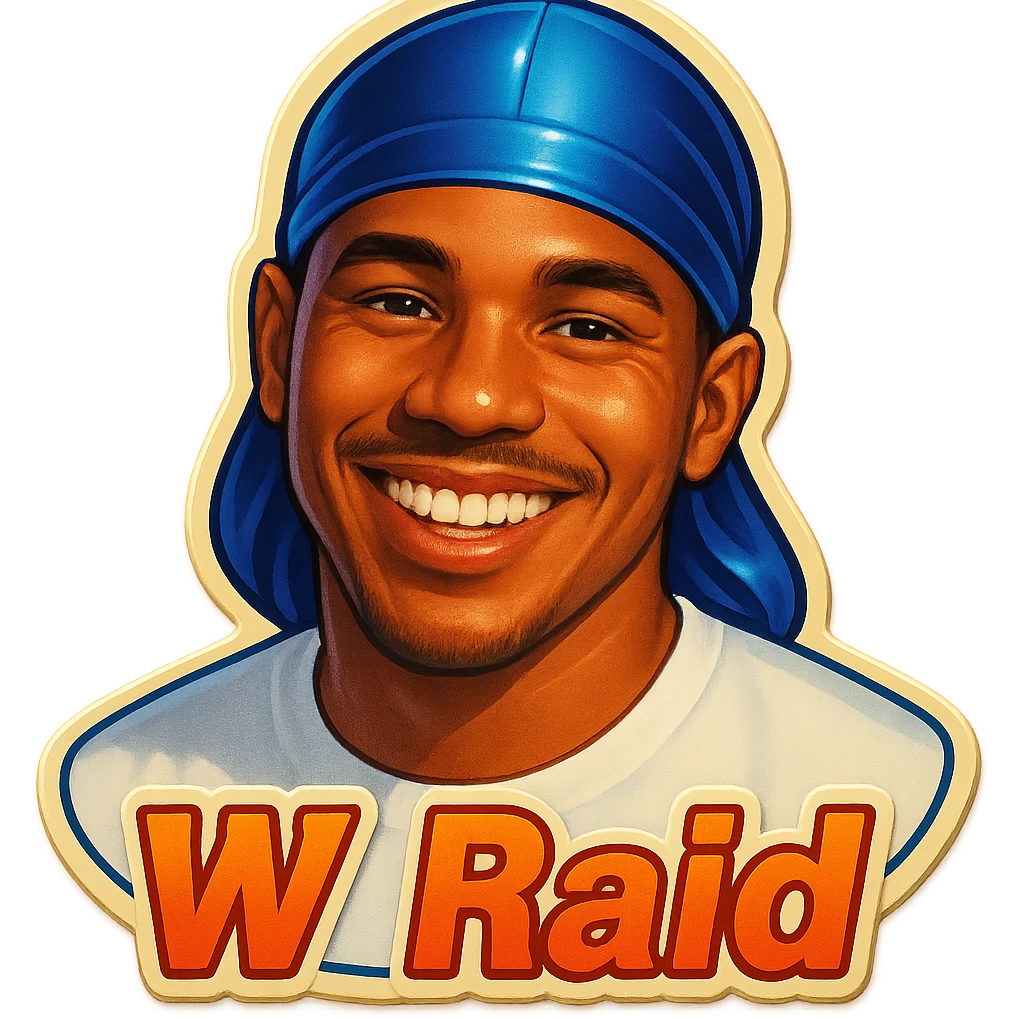 Smiling 
make his shirt white
Change His durag To BLUE
Make it say "  W Raid " emoji