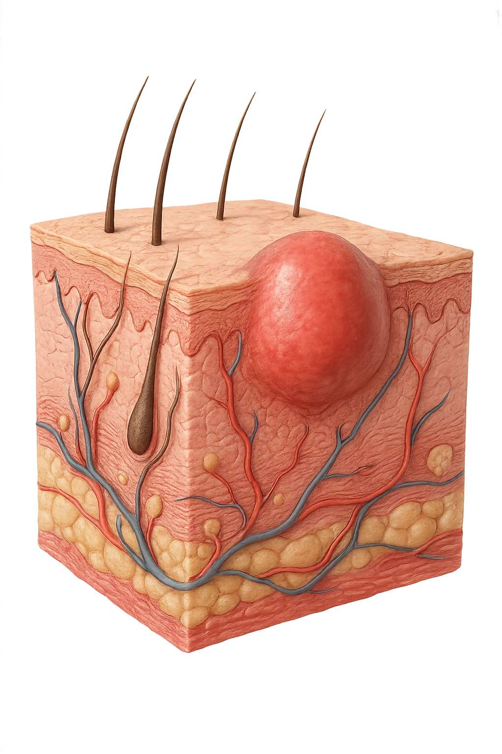 TESSUTO DI EPIDERMIDE UMANA CON NODULO DI UN CORPO UMANO ANATOMICO, IPERREALISTICO 4K emoji