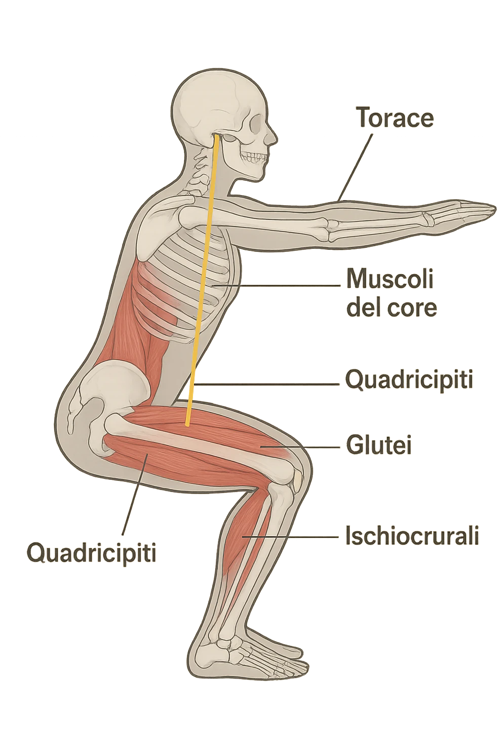 side view of a human figure performing a squat, with transparent overlays showing the skeletal structure. A straight line or highlighted axis connects the pelvis (bacino) and the ribcage (torace), demonstrating correct alignment. Key muscles involved in maintaining posture are labeled. Clean, educational style, white background. emoji