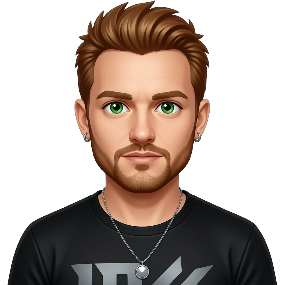 Dave Farrell from Linkin Park with green eyes, auburn spiky hair and short beard, black metallic t-shirt, necklace and earrings emoji