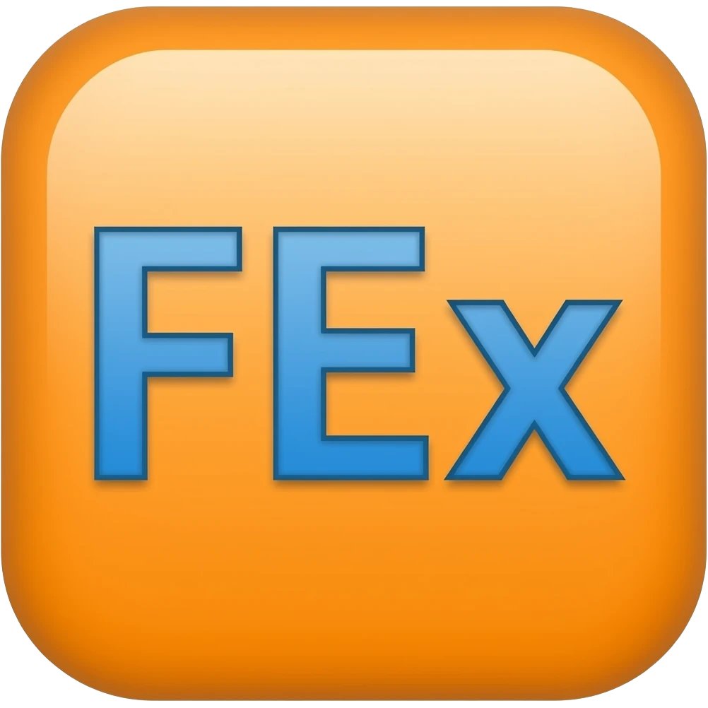 Generate an emoji that is an orange square with the letters FEx in Blue emoji