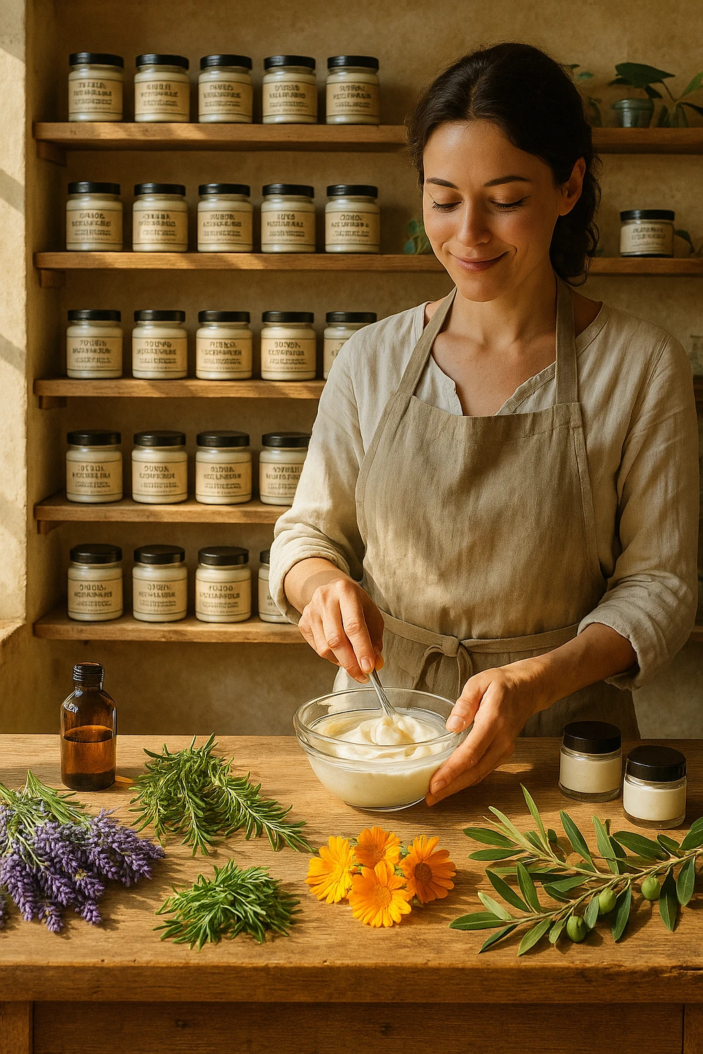 A realistic, high-quality photo of a small artisan skincare laboratory in Italy, with wooden shelves displaying beautifully packaged glass jars of natural creams made with herbal and botanical extracts, olive oil, and essential oils, clearly labeled ‘100% Natural’ and ‘Artisan Made in Italy’. The scene includes a bright, sunlit rustic workspace with plants, fresh lavender, rosemary, calendula flowers, and olive branches on the wooden counter, symbolizing purity and nature. A female artisan in a linen apron is carefully mixing creams in a glass bowl, smiling softly. The environment feels warm, authentic, and eco-friendly, emphasizing the concept of handcrafted skincare without synthetic chemicals in italiano emoji