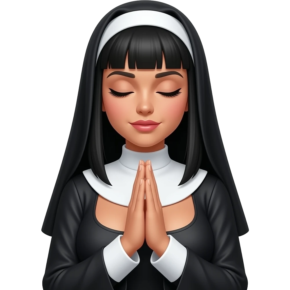 Light Tan skin Women in sexy nun outfit with long black hair, straight across bangs dark eyebrows, curvy chest, eyes closed and long eyelashes praying emoji