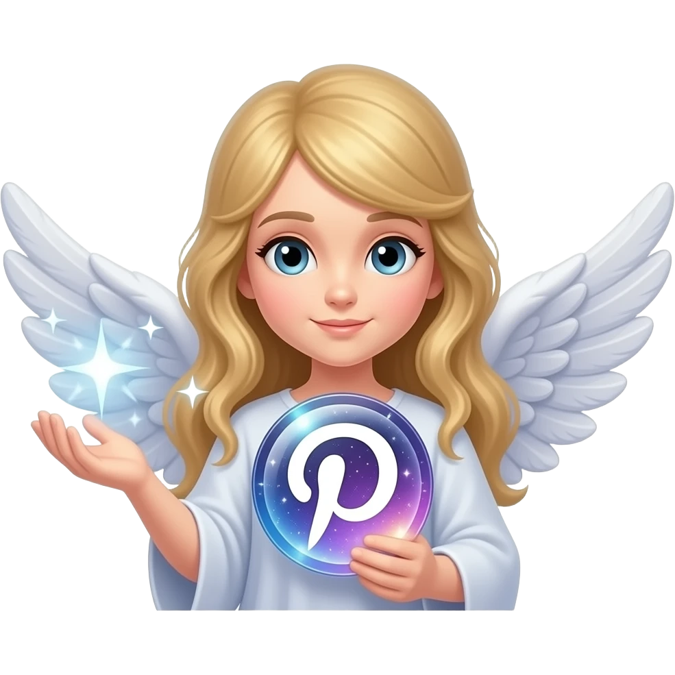 An ethereal angel, hand made of starlight holding a crystalline Pinterest logo, looking at viewer with thinking. Text below: 'PHOTOGRAPHY?'. Glowing nebula colors, isolated on white, bold 3D icon emoji