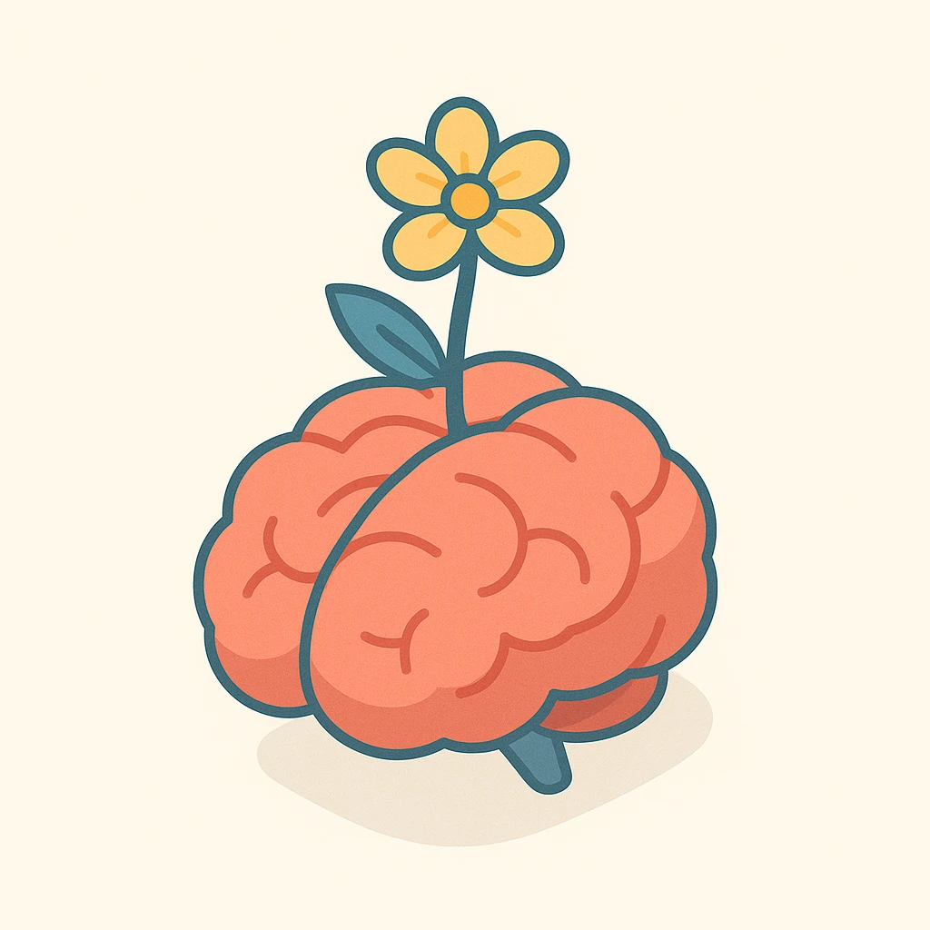 brain with a flower growing from it, symbol of mental health and growth, 2D isometric style, simple shape, clear shadows and highlights emoji