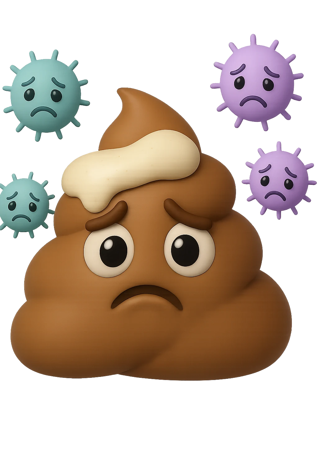emoji stile iphone 3d di una cacca con muco bianco sopra, dietro cui fluttuano batteri intestinali tristi, iperrealistiche 4k emoji